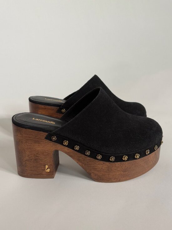Larroude Shoes - Larroude Miso Wooden Platform Clog In Black Suede